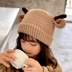宝宝帽子2022秋冬季可爱牛角小孩毛线帽洋气儿童套头手工针织帽子