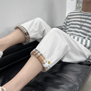 白色裤子高级感翻边牛仔七分裤子高街ins潮直筒阔腿休闲八分裤男