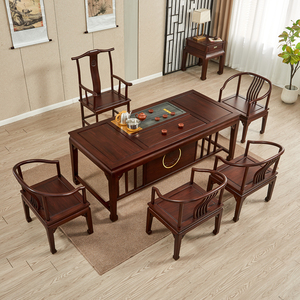红木茶桌椅组合新中式办公室茶台书桌实木家两用阳台酸枝一桌五椅