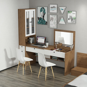 简约双人书桌梳妆台一体收纳家用办公转角写字桌书架组合化妆定制