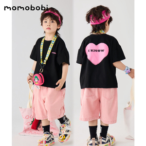 momobobi夏季新款儿童套装韩版男女童中性爱心短袖T休闲牛仔中裤