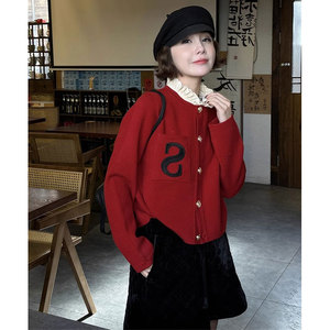 欧货羊毛针织开衫女2024冬季新款韩版字母图案单排扣新年红色毛衣