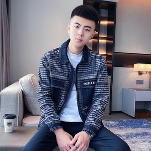 拼接牛仔外套男春秋季潮牌ins设计感男装格子夹克网红爆款上衣服