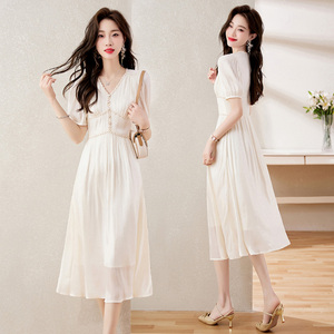 法式天丝连衣裙女2024夏季新款雪纺裙高级感气质中长白色仙女裙子