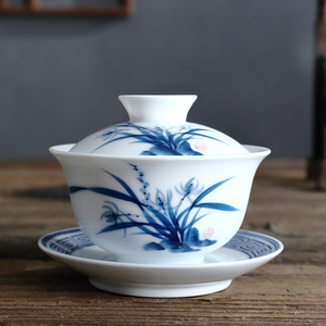 吴氏品雅白瓷高温釉下彩纯手工手绘茶杯兰花盖碗陶瓷功夫茶具套装