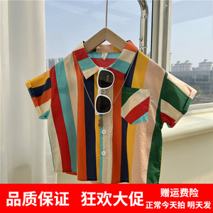 2022夏季男童彩虹条纹衬衫韩版儿童亮色竖条轻薄短袖衬衣韩国童装