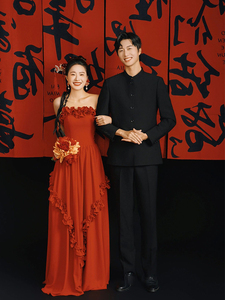 新中式复古小众轻婚纱晨袍新款订婚礼服敬酒服红色抹胸长款连衣裙