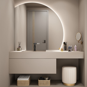 奶油风橡木浴室柜梳妆台组合岩板一体洗手池洗脸盆柜卫生间洗漱台