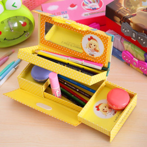 韩版卡通可爱三层密码锁文具盒简约学生多功能纸质铅笔盒男女笔袋