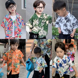 泰国2024新款花衬衫短袖男童女童亲子装复古中大童童装沙滩度假潮