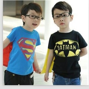 宝宝夏季新款童装男女孩童超人蝙蝠侠中小童短袖T恤披风上衣潮童