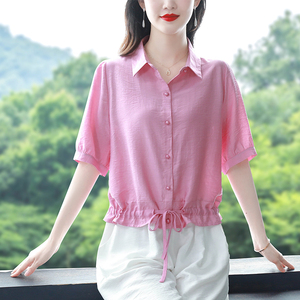 韩国大码棉麻短袖衬衫女2024夏季新款纯色宽松显瘦百搭翻领上衣潮