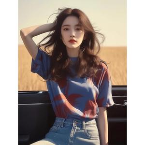 夏季韩系chic洋气独特别致漂亮上衣时尚高端蓝色印花短袖T恤女装