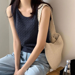 针织背心女夏季2022新款南韩练习生色藏青色修身显瘦镂空吊带上衣