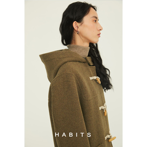 HABITS 羊绒羊毛双面呢 橄榄绿牛角扣大衣外套 含可拆卸羽绒内胆