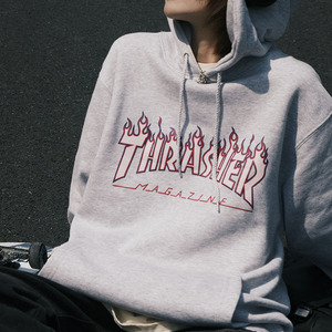 美版thrasher火焰连帽卫衣男女宽松加绒情侣街头潮帽衫王一博同款