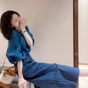春季新款韩剧女主穿搭网红套装减龄蓝色短袖衬衫半身裙气质两件套