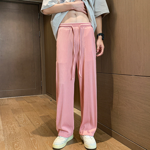 粉红色冰丝裤子男夏季特大码高个子加长休闲裤日系慵懒垂感直筒裤