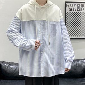盐系炸街连帽卫衣男韩版潮流拼接条纹衬衫上衣春秋季宽松帽衫外套