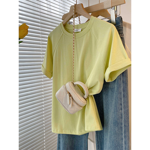 2024夏季新款设计感炸街纯棉浅黄色短袖t恤女士美式复古小上衣