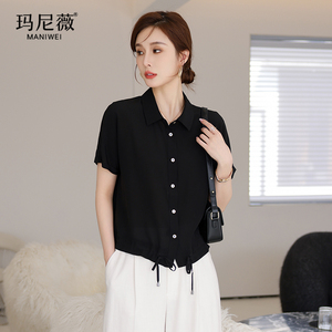 2024新款杭州重磅真丝衬衫女短袖上衣桑蚕丝品牌高端黑色衬衣夏季