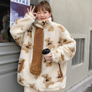 立领小熊羊羔毛外套女秋冬可爱加绒加厚温柔风毛茸茸上衣服ins潮