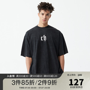 chinism ch美式短袖t恤男水洗做旧高街潮牌宽松纯棉夏季男生半袖
