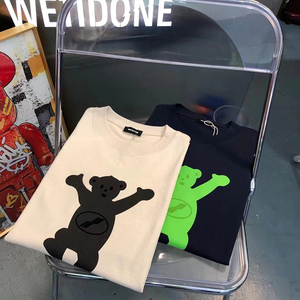 we11done潮牌welldone限定小熊植绒印花短袖男os宽松t恤女情侣潮