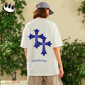 clawmoney复古短袖t恤男情侣装梵文克罗心印花宽松百搭白色上衣女