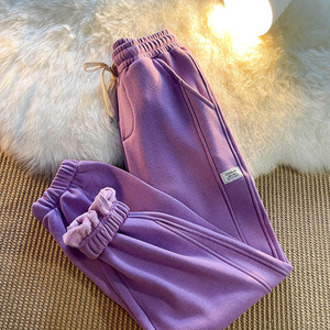 香芋紫色裤子女秋冬款加绒加厚运动裤美式束脚棒球裤深紫色卫裤