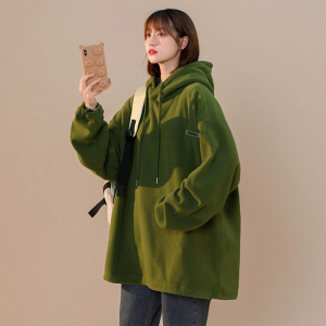 墨绿色摇粒绒下摆不收口卫衣女秋冬季宽松慵懒风连帽外套oversize