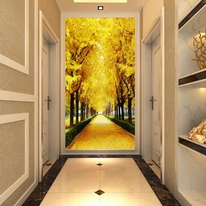8D立体欧式墙纸黄金发财树玄关壁纸过道走廊背景墙布竖版装饰壁画