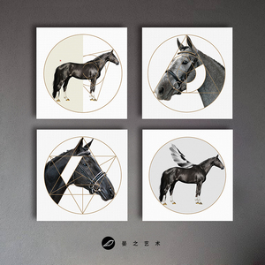 北欧极简装饰画马头挂画现代简约正方形壁画黑白客厅灰色墙画动物