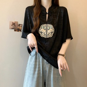 大码女装夏季新中式国风刺绣黑色雪纺短袖衬衫胖mm遮肚七分袖上衣