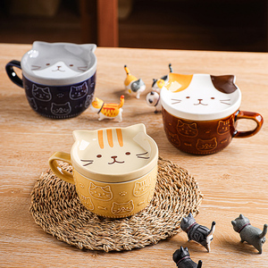 日式陶瓷卡通动物马克杯带盖儿童水杯子可爱家用早餐杯办公咖啡杯
