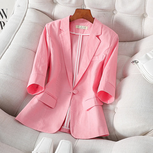 棉麻粉色小西装外套女夏季薄款2024新款休闲七分袖小个子西服短款
