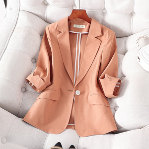 橙色西装外套女夏季薄款2024新款修身休闲短款小个子女士西服上衣