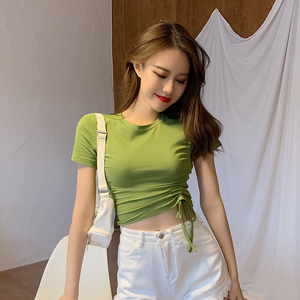 牛油果绿侧系带短款短袖t恤女夏 高腰紧身露脐抽绳漏肚脐衣服上衣