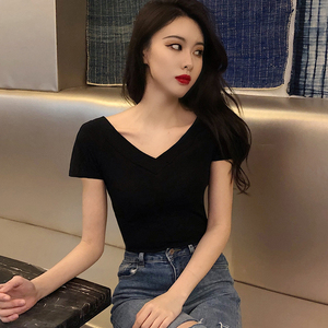 纯黑色深v领短袖t恤女夏大领口修身显瘦紧身性感低领低胸半袖上衣