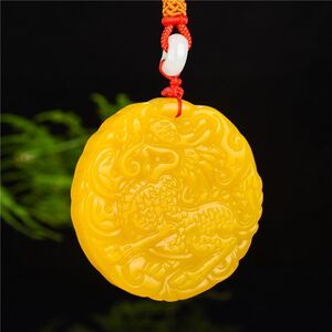 一元拍卖 捡漏天然黄龙玉吊坠玉牌男女款鸡油黄麒麟献宝玉挂件
