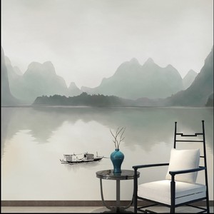 新中式江南山水风景电视背景墙壁纸壁布现代客厅水墨画布沙发壁画