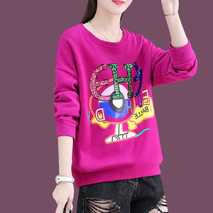 玫红色卫衣女士早春装2021年春秋新款圆领套头上衣服宽松韩版外套