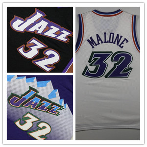 爵士队32号卡尔马龙球衣 大雪山复古刺绣网眼 紫黑白色背心篮球服