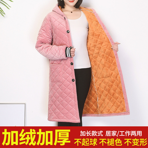 冬季夹棉保暖罩衣大人女中长款连帽中老年妈妈装棉衣加绒加厚棉服