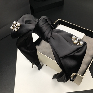 法式气质简约珍珠镶钻黑色蝴蝶结发箍女外出百搭宽边压发发卡头箍