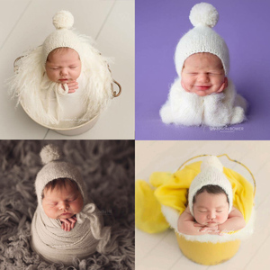 白色黄色紫色小球尖顶帽子新生儿满月系带针织儿童摄影道具马海毛