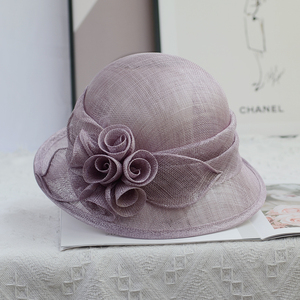 优雅麻纱帽 帽子女夏季花朵时尚英伦复古礼帽卷边遮阳帽夏天小脸