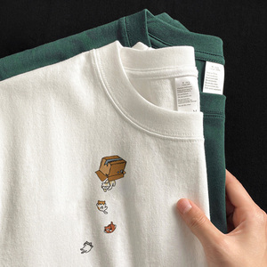 夏季猫咪印花短袖t恤男士美式潮牌宽松白色240g重磅纯棉长袖体恤