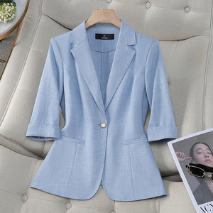 蓝色西装外套女春夏2024新款百搭修身上衣高级感气质中袖西服薄款