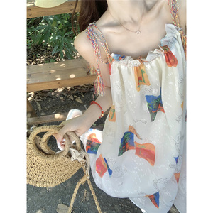 波西米亚彩色艺术吊带连衣裙女夏泰国云南民族风海边度假沙滩长裙